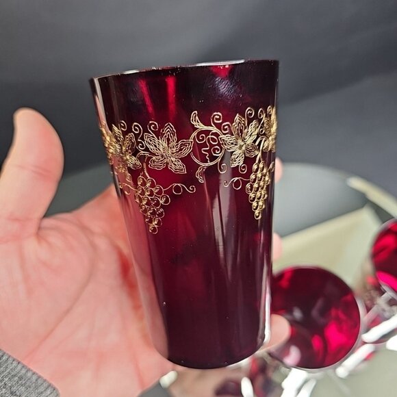 Ruby Red Cranberry Water Cups Etched Grapes Vintage READ - Picture 7 of 10
